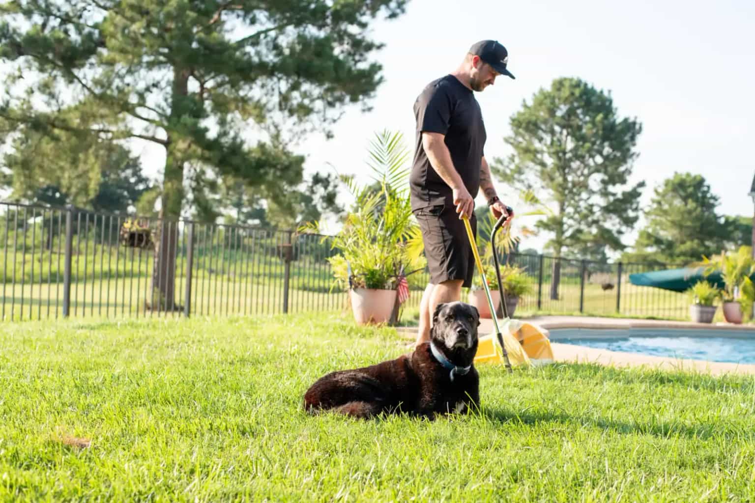 Doggy Scoop dog poop pickup service in Hampton Roads Doggy Scoop technician cleaning a yard with happy dogs nearby