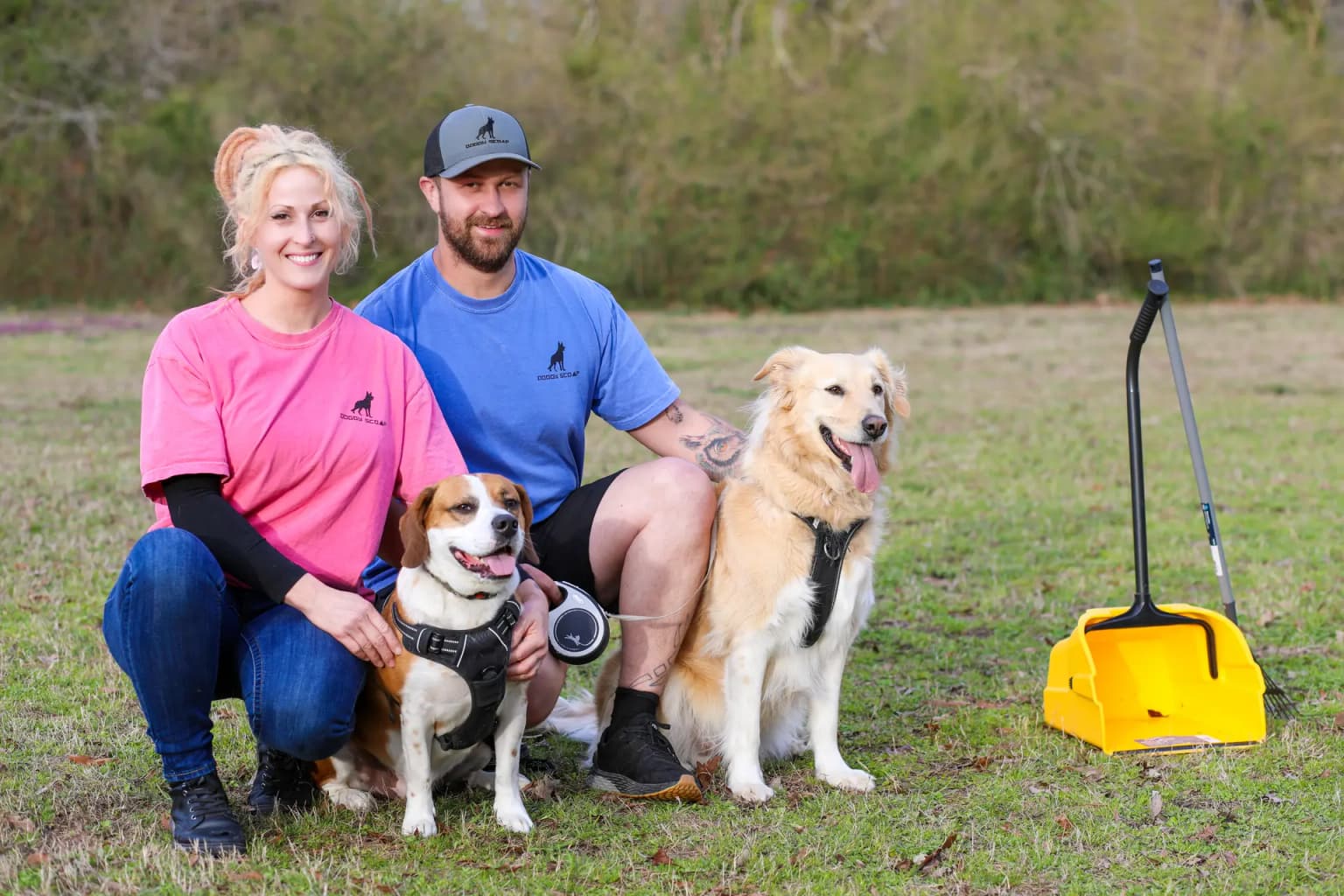 Local Doggy Scoop team serving Virginia Beach, Chesapeake, Norfolk, and approved Portsmouth ZIP codes Doggy Scoop local team with dogs and cleanup equipment