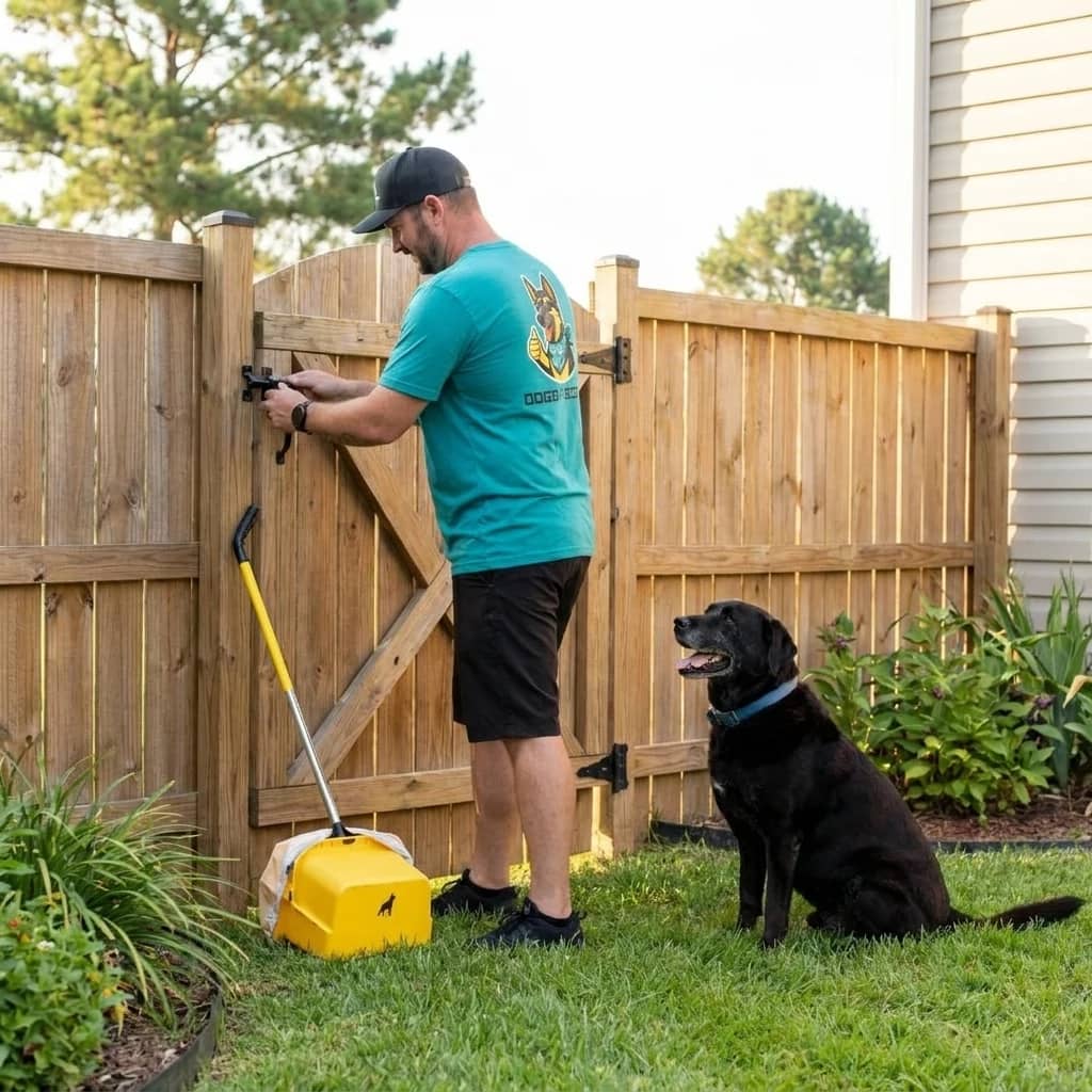 Gate photo confirmation after Doggy Scoop service Doggy Scoop technician confirming a secure gate after service