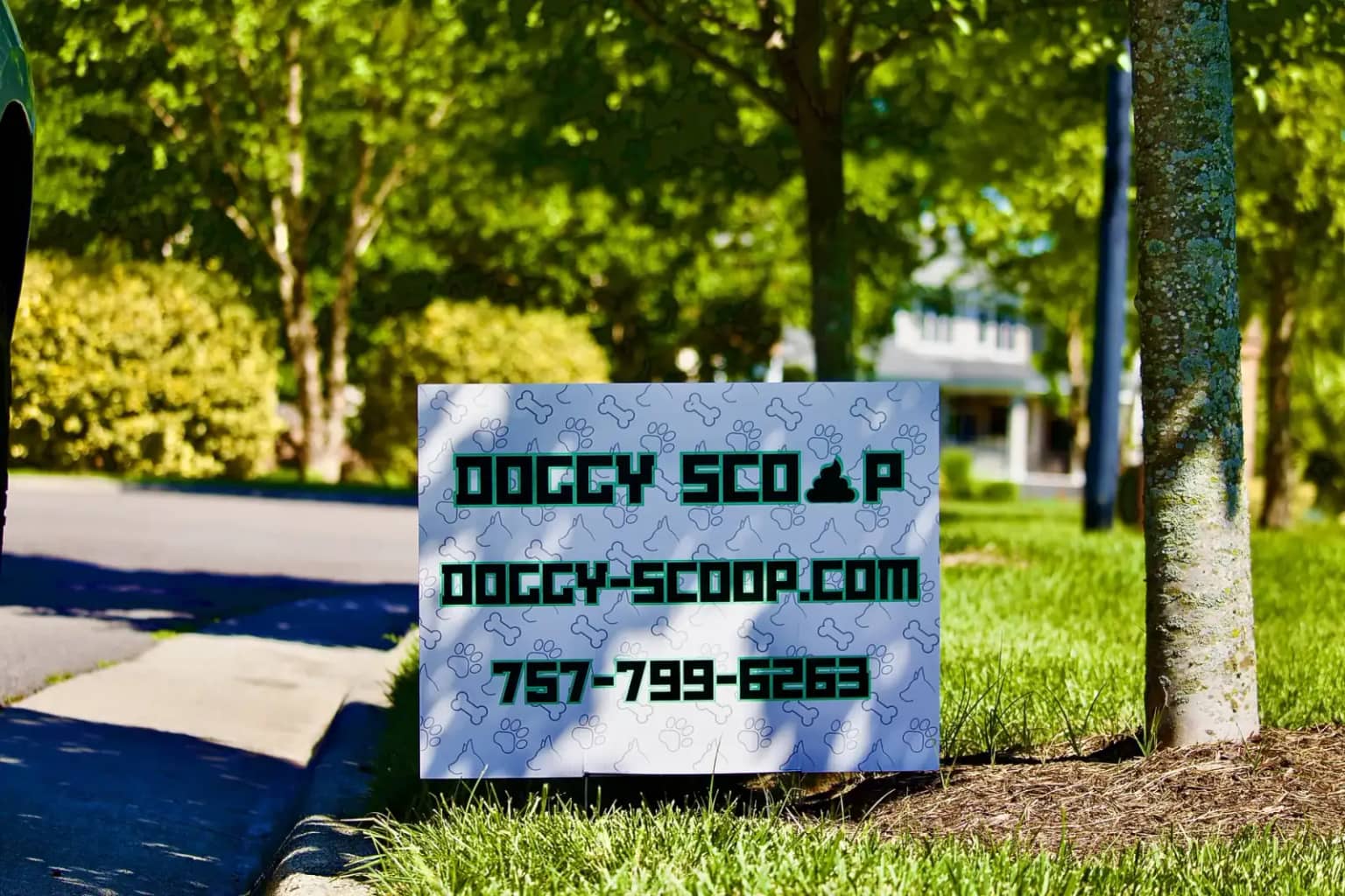 Dog waste station and route support Doggy Scoop local yard sign and service information