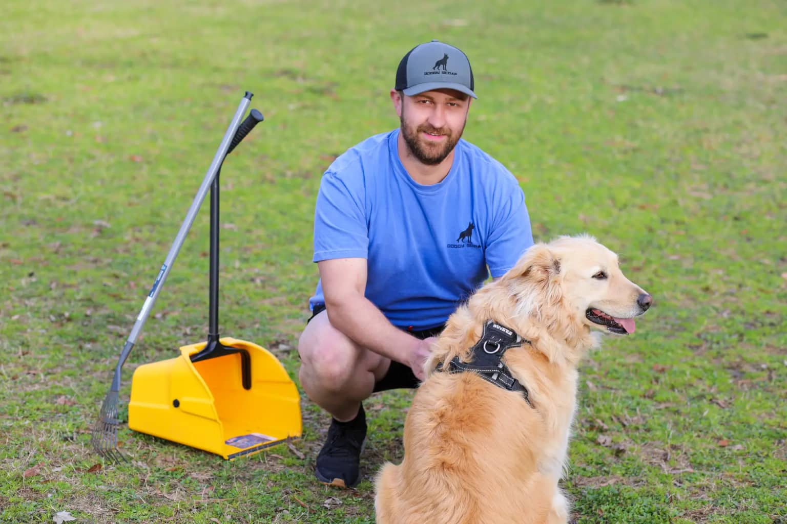 Doggy Scoop FAQ and service expectations Doggy Scoop technician with dog and cleanup equipment